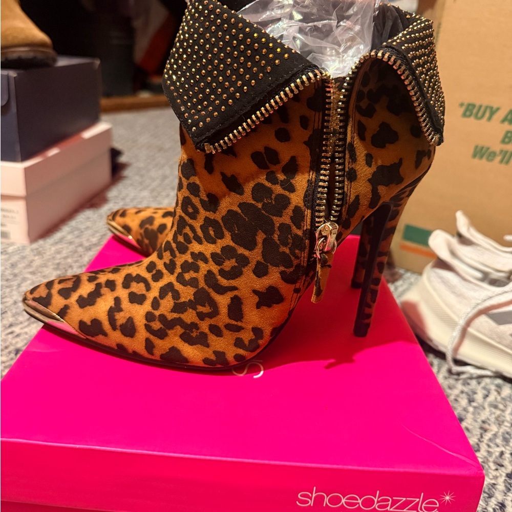 Shoe Dazzle Studded Leopard Heeled Boots